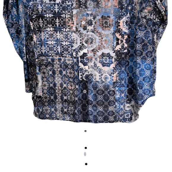 Soft Surroundings Women's Shirt Button Up Blue Brown Geometric Blouse Top Size L - Picture 8 of 9